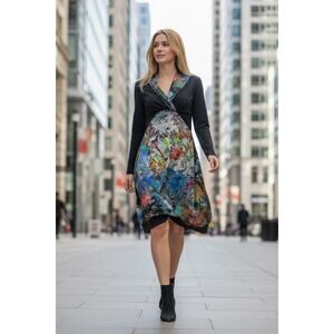 Beatrice B Bubble Hem Dress Sz S Abstract Print Black Long Sleeve Artsy Designer